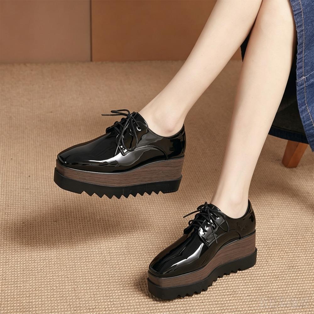 HZB‑761‑8 2026 New Women Patent Leather Lace‑Up Wedge Platform Pumps, British Style Soft‑Sole Versatile Thick‑Sole Casual Leather Shoes