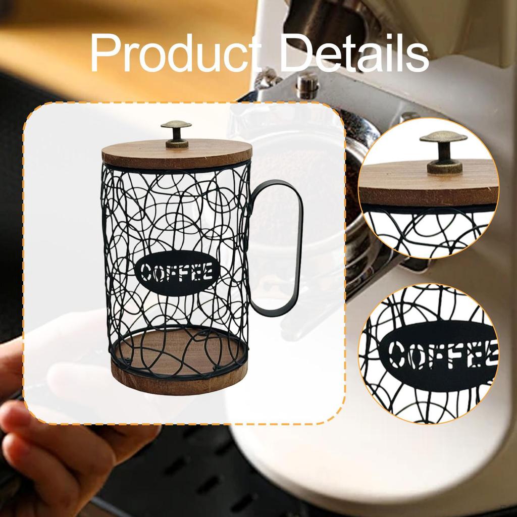 Coffee Capsule Holder Organizer with Wooden Base, Large Capacity, Iron Basket for