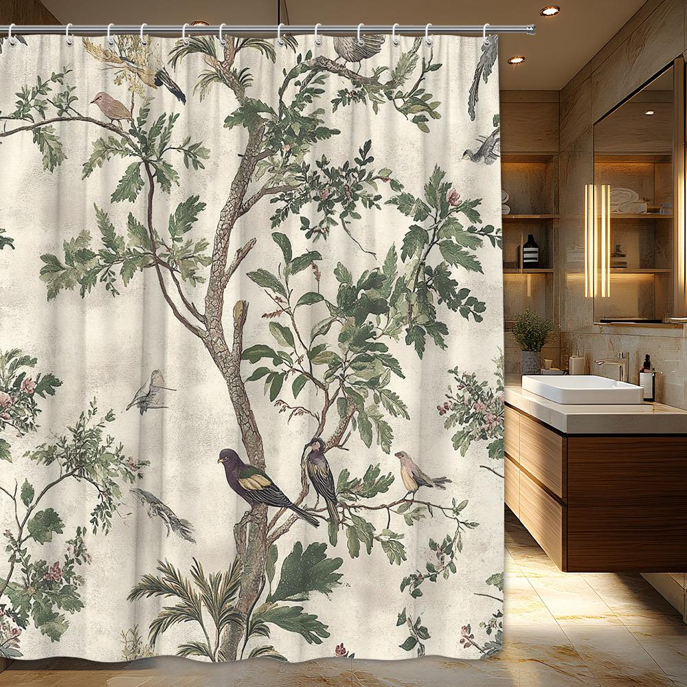 Vintage Botanical & Bird Shower Curtain - Hand-Drawn Style with Lush Green Foliage, Pink Flowers & Birds, Antique Design for B 90x180cm