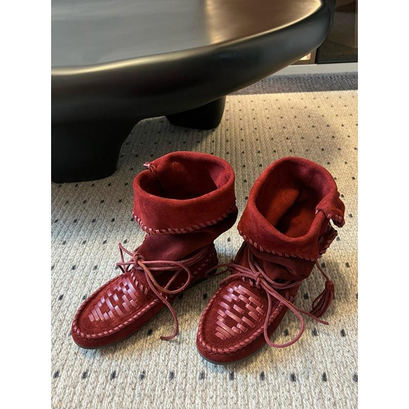 Cowhide Inner Heightening Retro Fringed Strap Western Boots Women's Genuine Leather Woven Medium Tube Stack Boots Ruffled Martin Boots