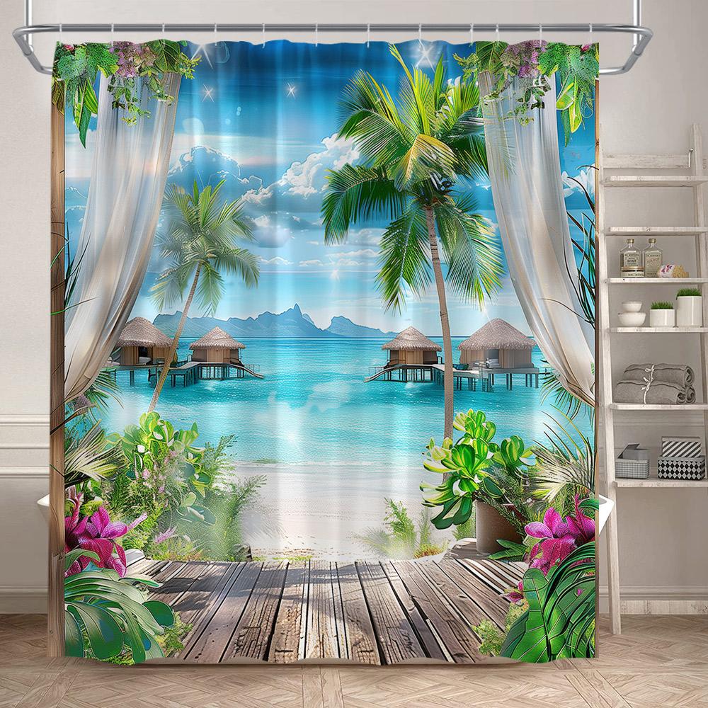 Beach Island Shower Curtain Tropical Palm Leaves Plants Flowers Parrots Blue Ocean Scenery Bathroom Curtains Fabric Home Decor
