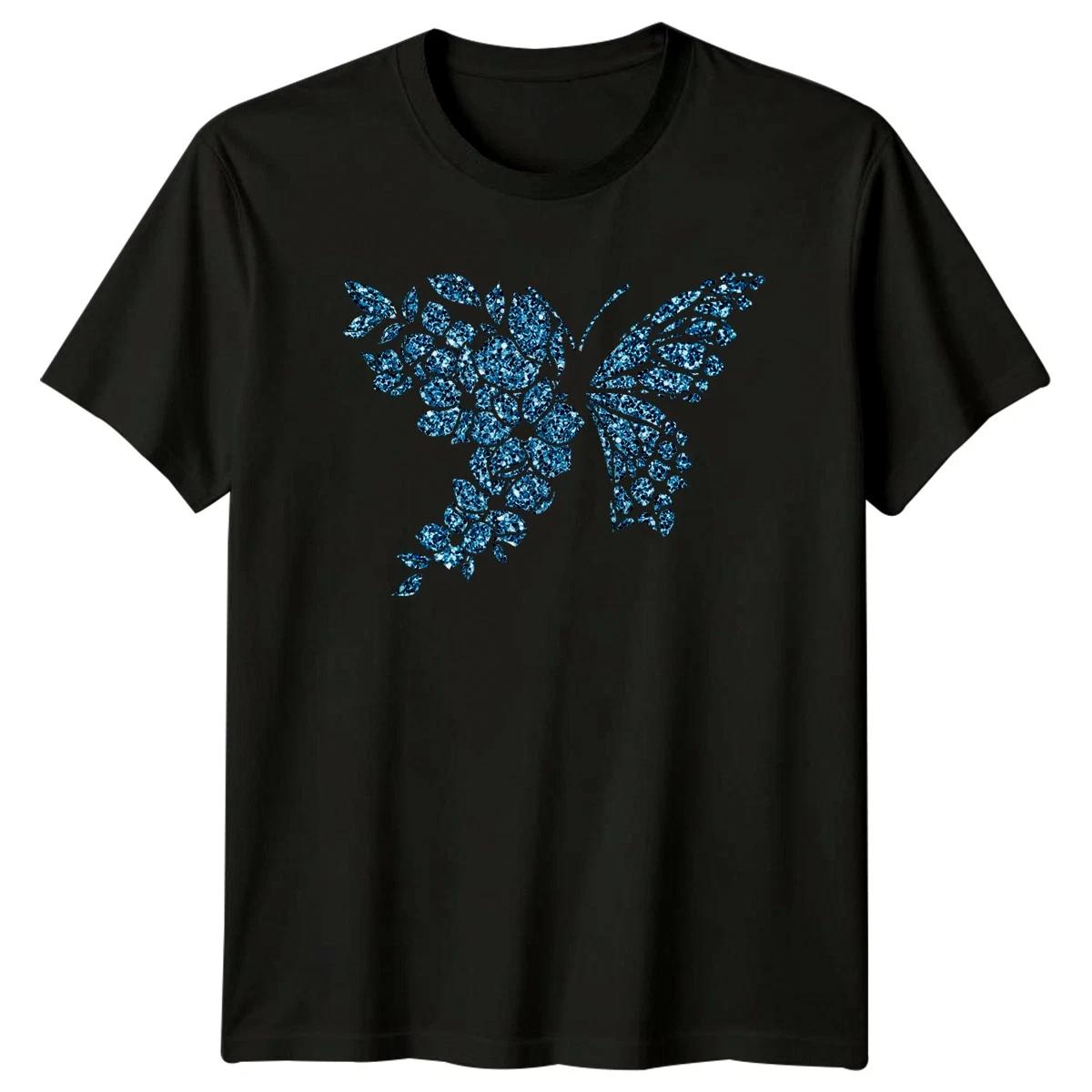 Sparkling Blue Butterfly Floral Womens T-Shirt Glitter Butterfly Floral Nature L