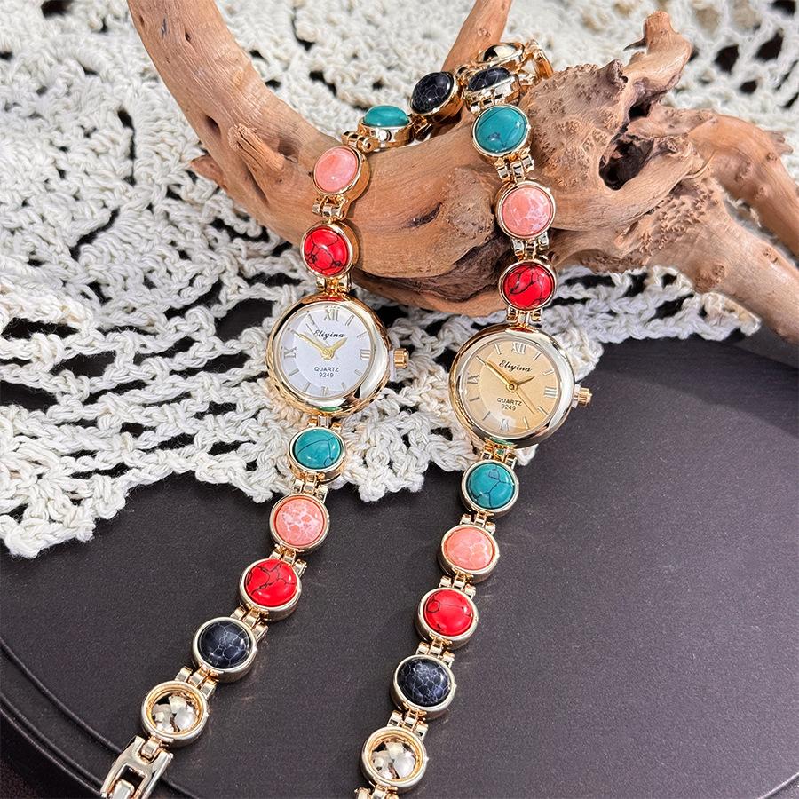 LP74 Exquisite Colorful Turquoise Bracelet Women's Watch Vintage Round Stone Embedded Quartz Watch Fashion Wristwatch for Ladies