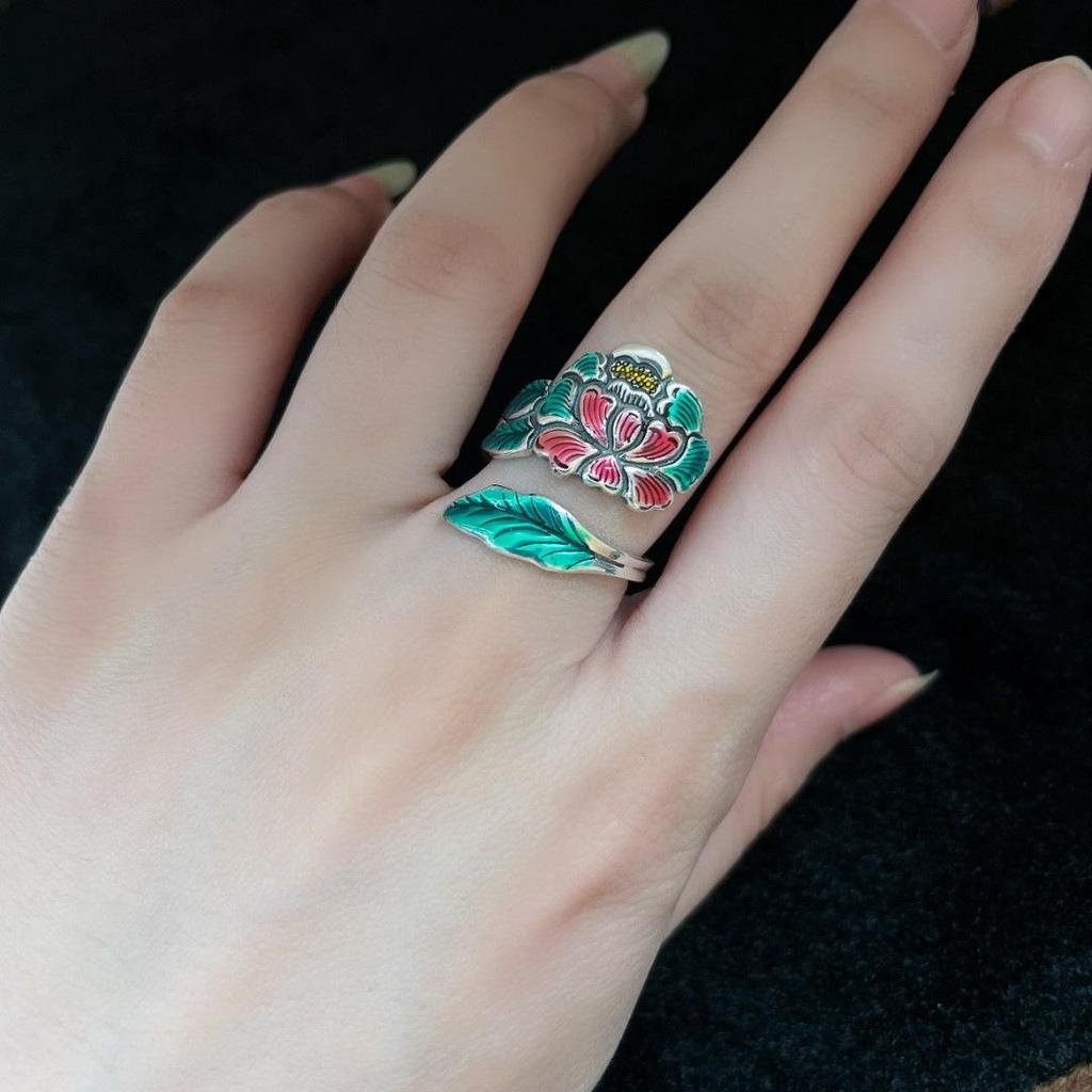 Elegant Peony Flower Ring, S925 Sterling Silver, Chinese Ethnic Style, Open Design for Women.