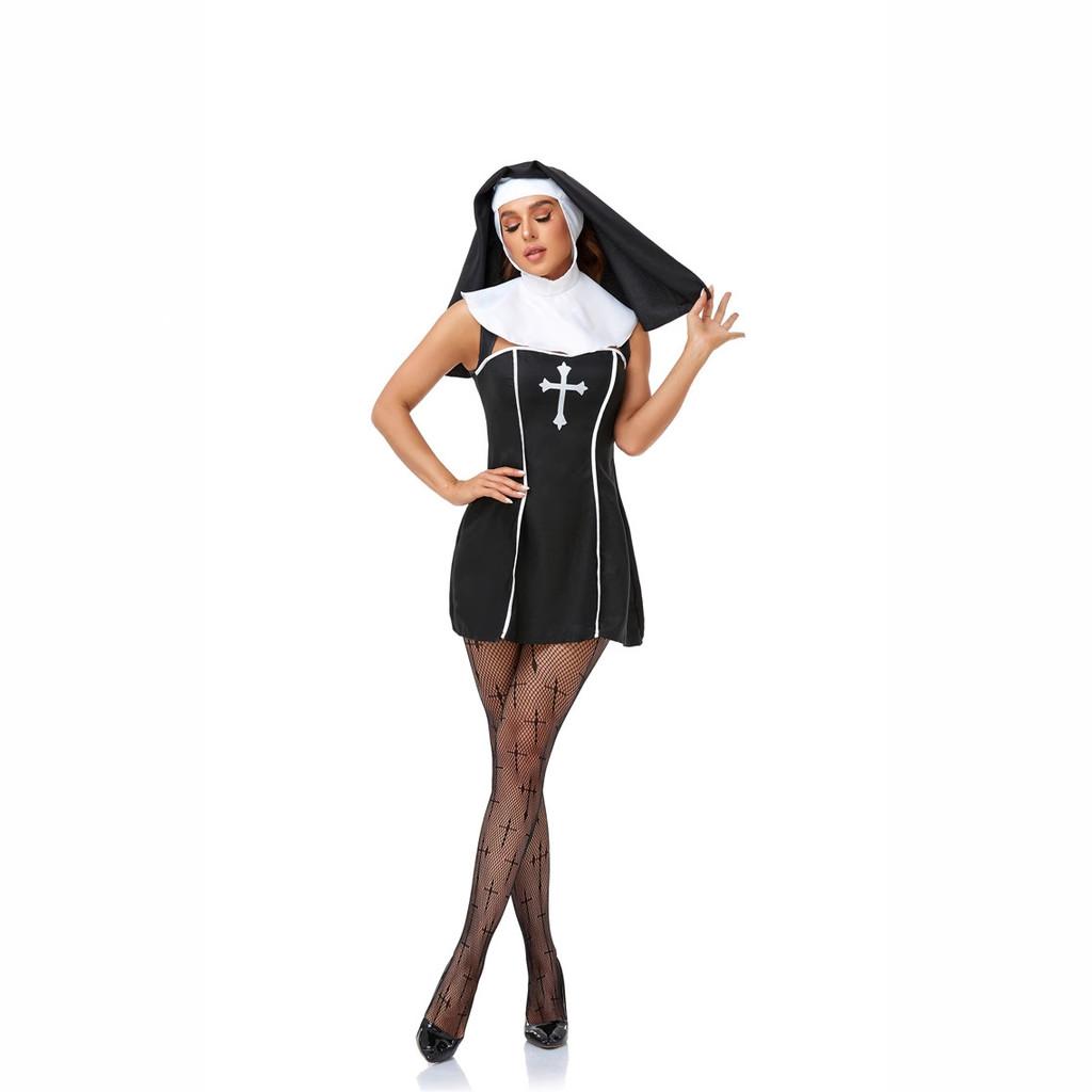Nun Religieuse Cosplay Costume For Adults With Polyester Blend Fabric For Stage Performances