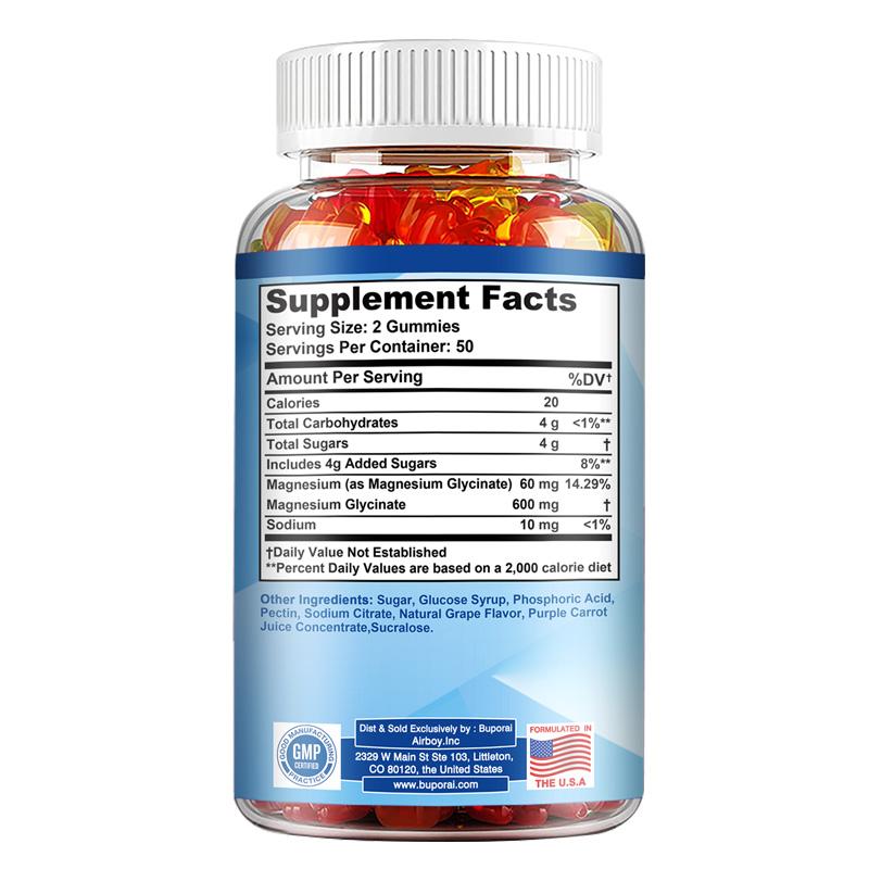Buporai Magnesium Glycine Gummies, 600 mg per serving, gentle and easily absorbed, suitable for adults.