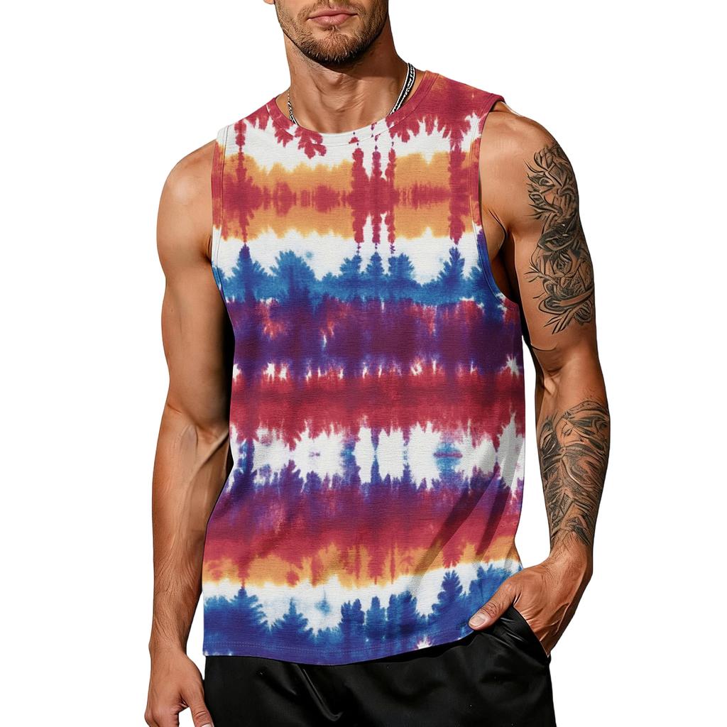 Mens Sleeveless Tie Dye Print Tank Top Crew Neck Casual Loose Fit Muscle Shirt for Summer Gym Workout Beachwear