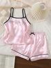 Girls Pink & White Striped Bow Sweet Fashion Minimalist Pattern Print Faux Silk Camisole Top And Shorts Comfortable 2-Piece Loungewear Set