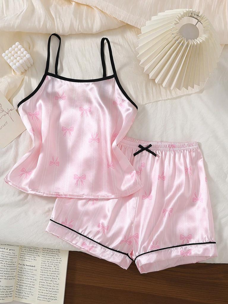 Girls Pink & White Striped Bow Sweet Fashion Minimalist Pattern Print Faux Silk Camisole Top And Shorts Comfortable 2-Piece Loungewear Set
