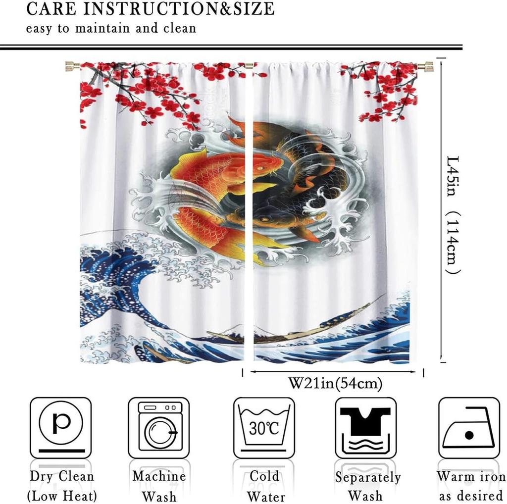 Koi Fish Curtains  Fantasy Yin Yang Japanese Big Wave Koi Cherry Blossom Room Window Curtains  42x45in Decor