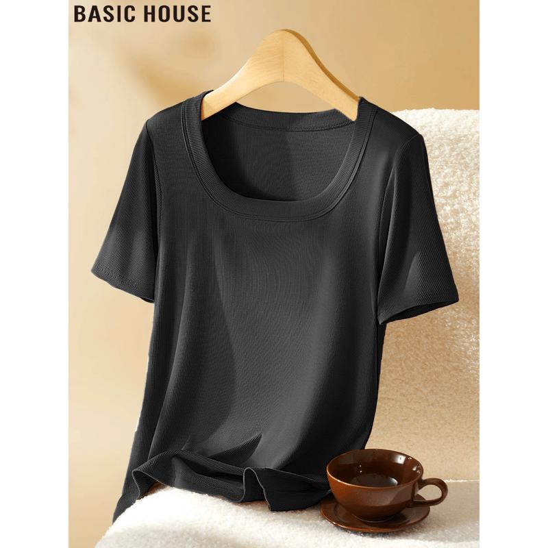 Basic House Women s Square Neck Short Sleeve T-Shirt L