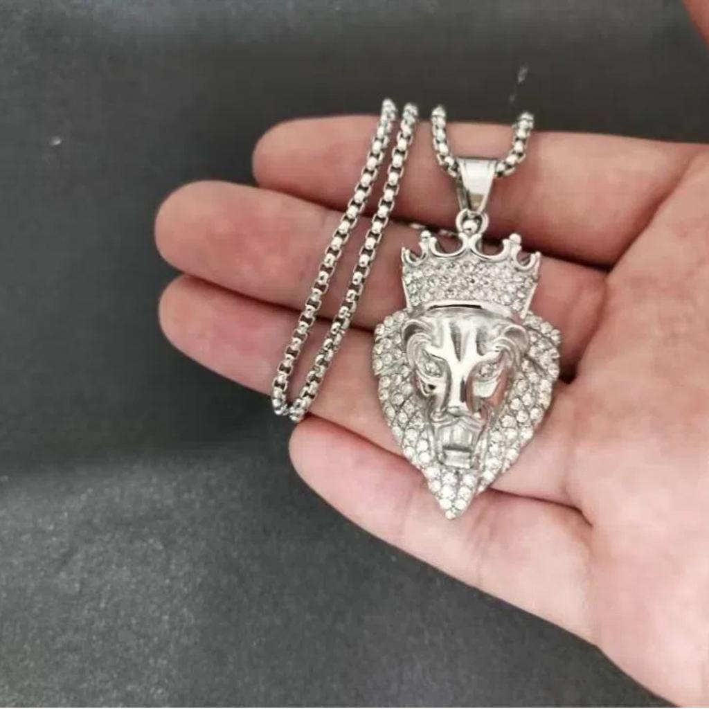 AAA CZ Crown Lion King Pendant Gold Silver Plated Punk Hip Hop Animal Lion Lion Head Men's Stainless Titanium Steel Necklace