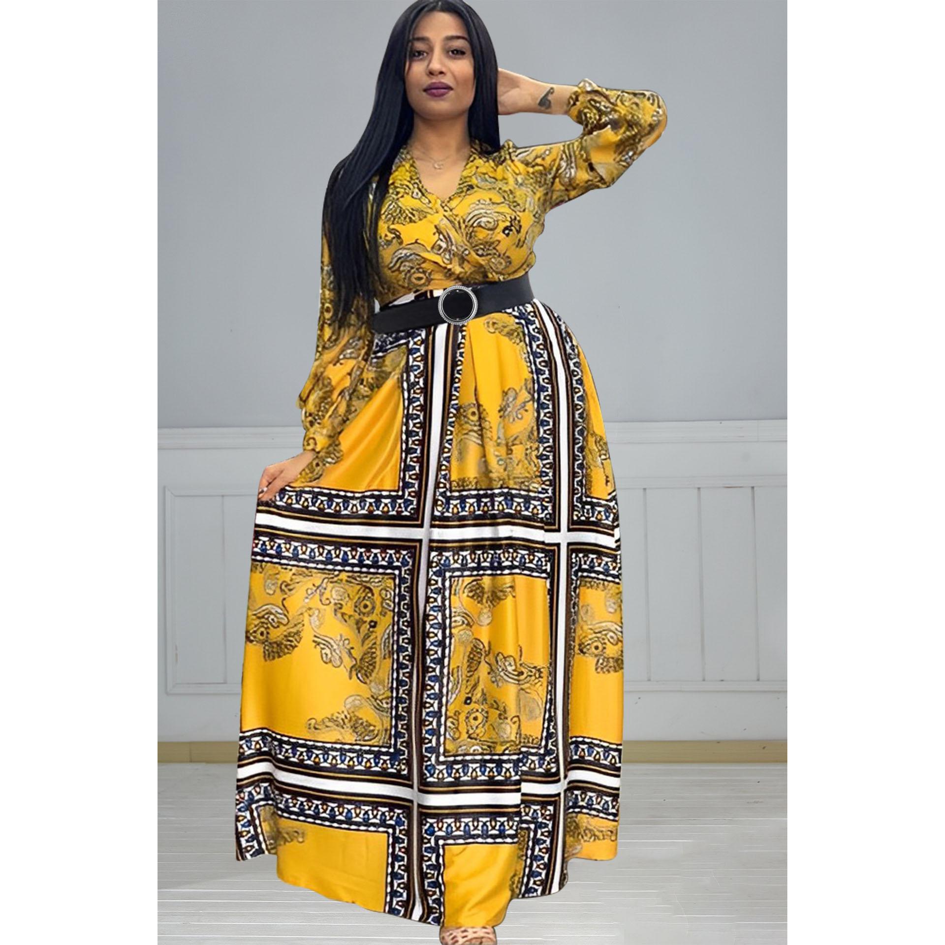 

Плюс размер женское весенне-осеннее модное платье с длинными рукавами женское элегантное цельное свободное платье с принтом и поясом XL жёлтый