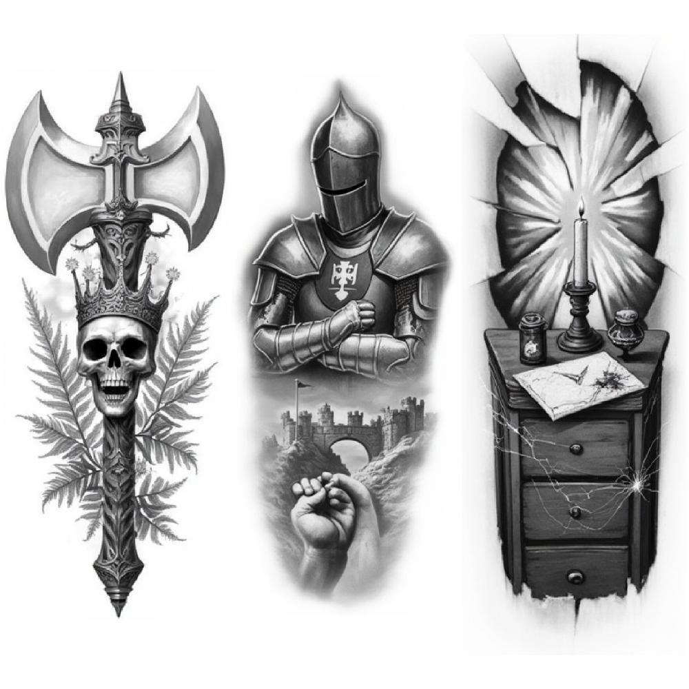 3pcs Temporary Tattoo Waterproof Long-lasting Body Stickers Knight With Castle Skull With Nun Axe With Skull For Thighs