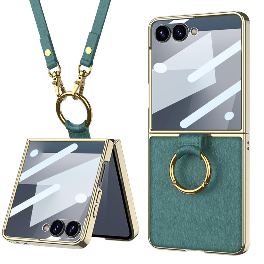 Luxury Plating Leather Strap Case for Samsung Galaxy Z Flip 7 6 Back Screen Glass Ring Holder Hard Cover for Galaxy Z Flip7 Case
