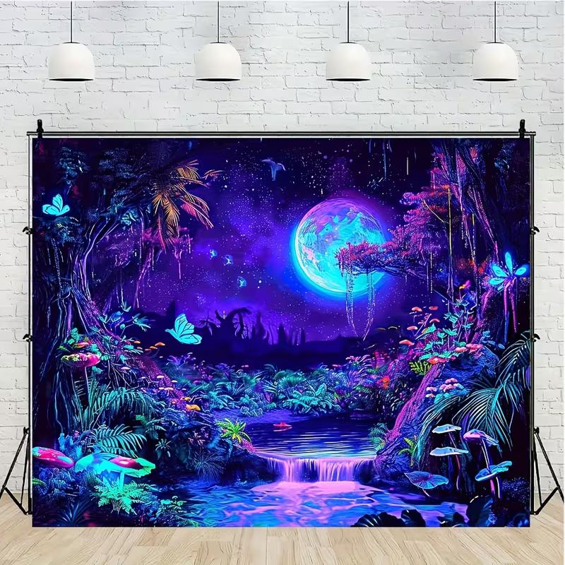 2D Blacklight Trippy Forest Tapestry Galaxy Moon Waterfall Glow In the Dark Wall Hanging