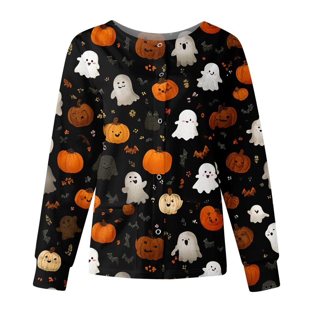 Women's Casual Fashion Long Sleeve Standing Collar Single Breasted Halloween Printed Workwear Jacket Tops