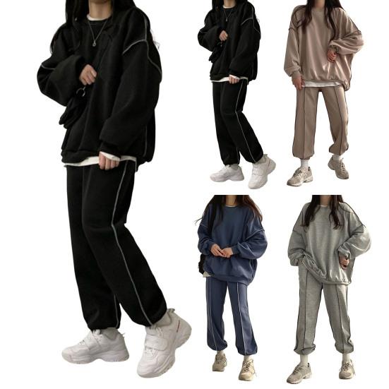 Yousheng - Conjunto de 2 piezas para mujer, top y pantalón, cuello redondo, manga larga, sudadera de color liso, cintura elástica, pantalones holgados, conjunto deportivo, chándal para otoño y primavera