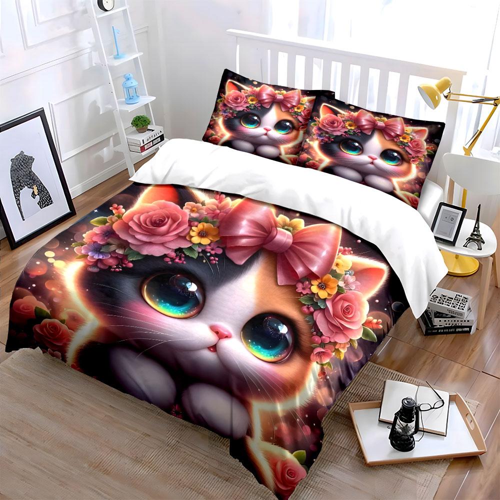 Cute Cat with Floral Crown Bedding Duvet Cover Set (1*Duvet Cover 2*Pillowcases, Without Duvet Insert)