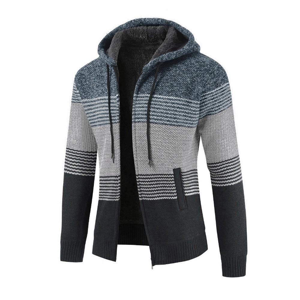 Mens Winter Cardigan Striped Zipper Hoodie Outwear Tops Sweater Blouse Coats