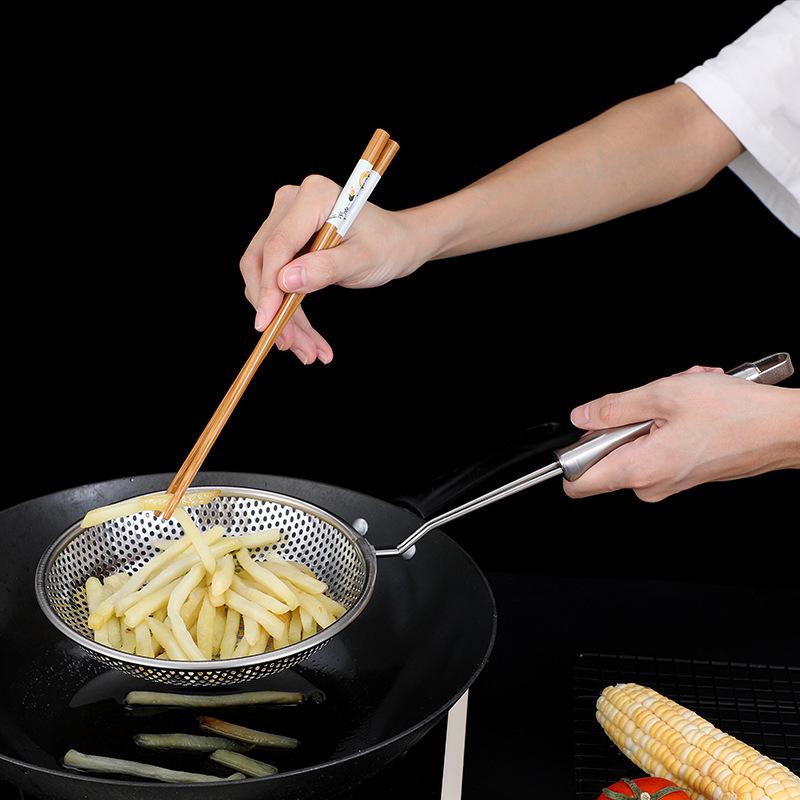 Stainless Steel Handhold Frying Skimmer Wooden Handle Oil Drainer Anti-slip Soup Foam Filter Multifunctional Kitchen Accessories