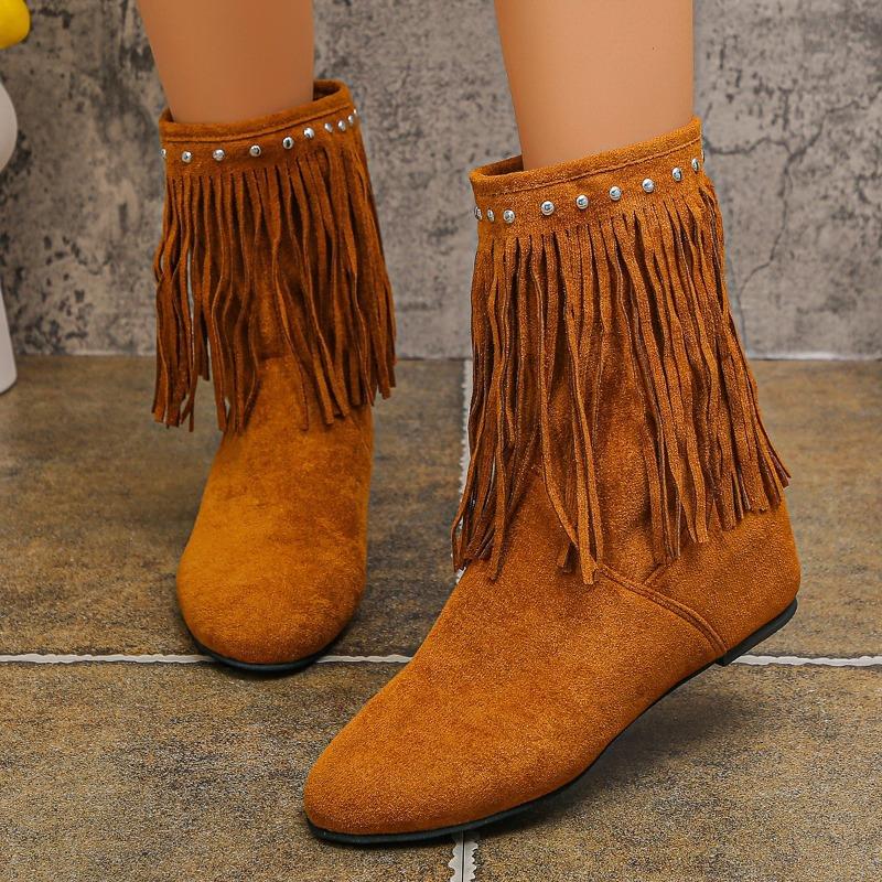 New Large-sized Shoes, Rivet Boots, Women's Round-toed Insole Height-increasing Thin Mid-calf Boots