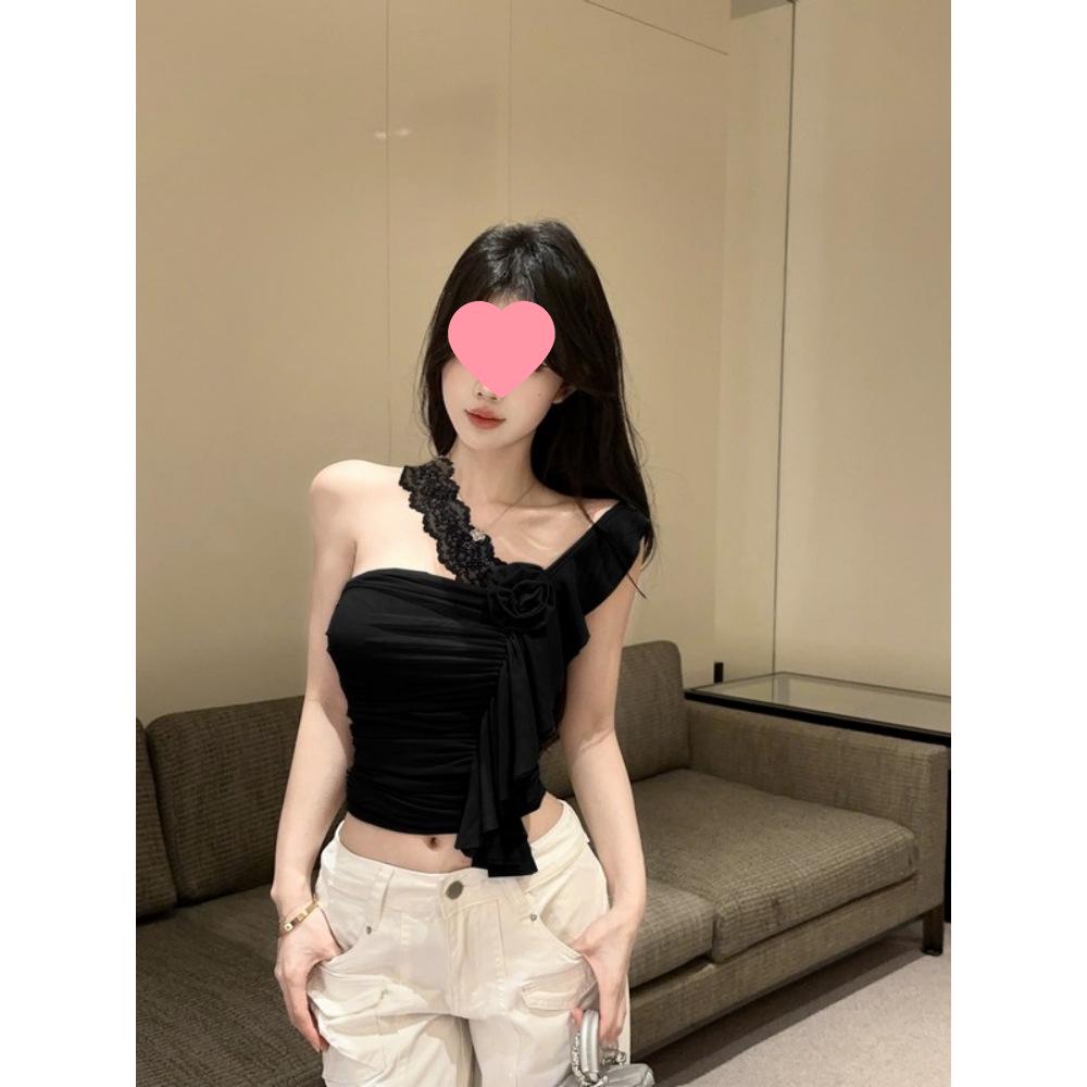 Women s Slim Fit French Lace One-Shoulder Camisole Tank Top - Sexy Summer Mesh Off-the-Shoulder Style Medium чёрный