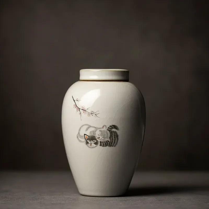 Retro Ru Kiln Ceramics Tea Caddy Cute Cat Pattern Portable Sealed Tea Leaf Containers Travel Tea Bag Storage Box Spice Organizer