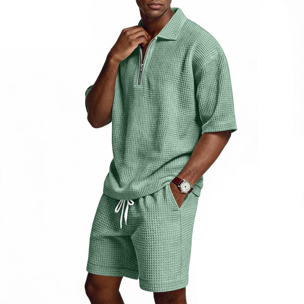 Men's Summer -color Quarter-zip Casual Loose Short-sleeved Short Pants Set