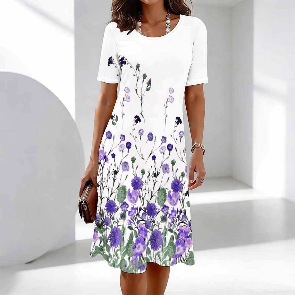 Dammode Vacker Elegant Blomma Fjäril Tryck Sommar Vår Kortärmad Rund Halsringning Vardagsklänningar