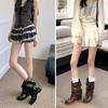 Vintage inner heightening trouser boots pleated western cowboy boots round head thick heel short knight boots