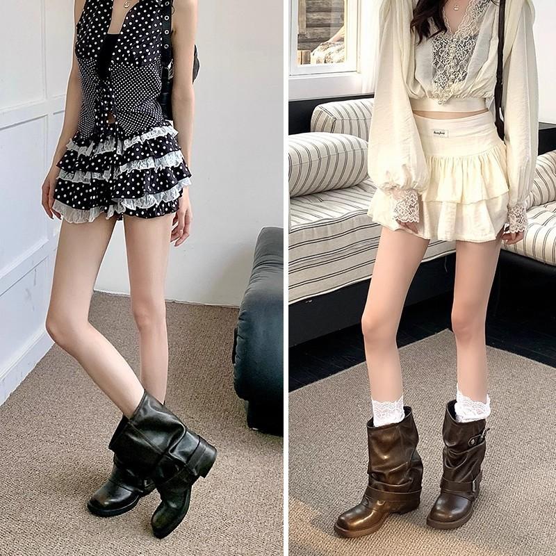 Vintage inner heightening trouser boots pleated western cowboy boots round head thick heel short knight boots