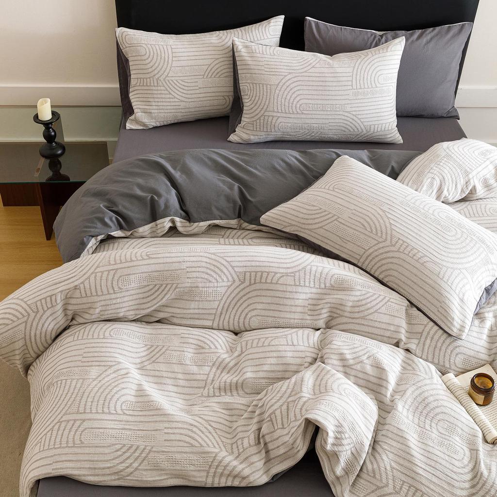 A-Class Cotton 3-Layer Gauze Bedding Set: Duvet Cover, Bed Sheet, Pillowcase - 4-Piece High-End Set