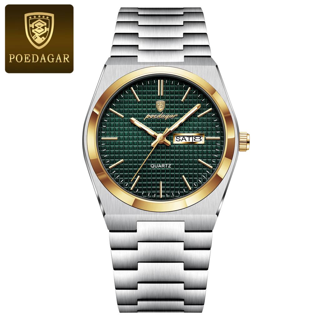 POEDAGAR Luxury Business Men's Quartz Watches Date Week Man Stainless Steel Watch Waterproof Luminous Fashion Wristwatch+Box