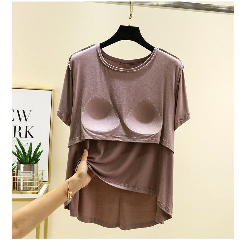 

Летние топы больших размеров с круглым вырезом и нагрудными подушечками, тонкие модальные, без косточек, для дома, для улицы, футболка с коротким рукавом, подходящая ко всему Khaki XL (60.00 kg-70.00 kg recommended