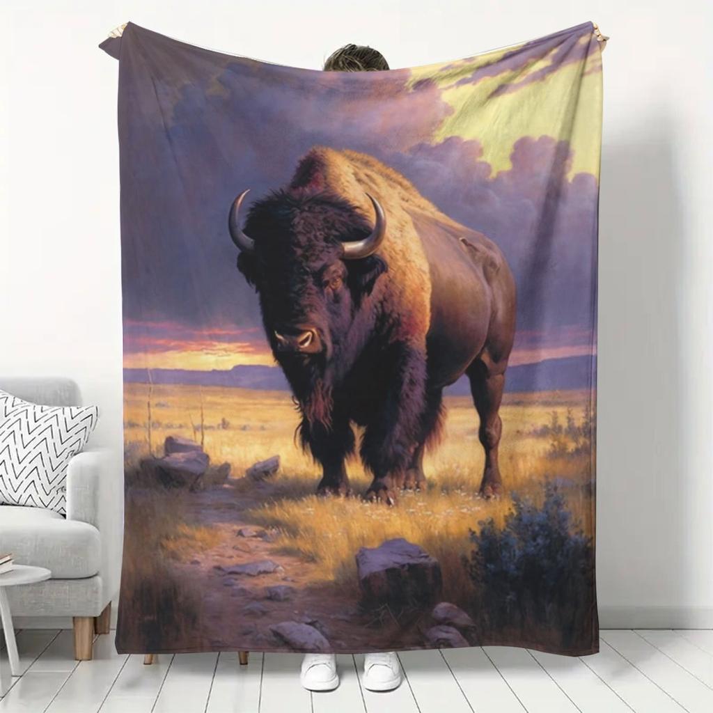 Cozy Soft Flannel Throw Blanket with Majestic Bison & Sunset Landscape Print - Contemporary Geometric Design, All-Season Warmth
