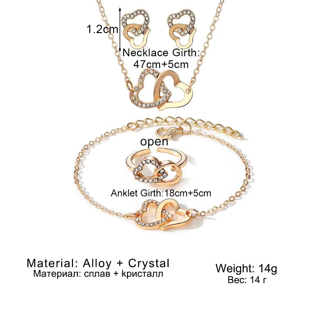 5Pcs Set Gold-Color Heart Shaped Jewelry Sets of Ring Earrings Necklace for Women Elegance Rhinestone Double Heart Jewelry