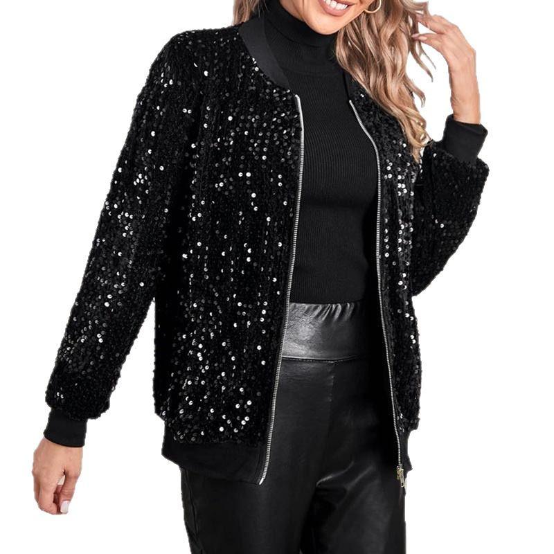Women's Autumn & Winter Sequin Cardigan - Casual Fashion Short Jacket in Solid Color