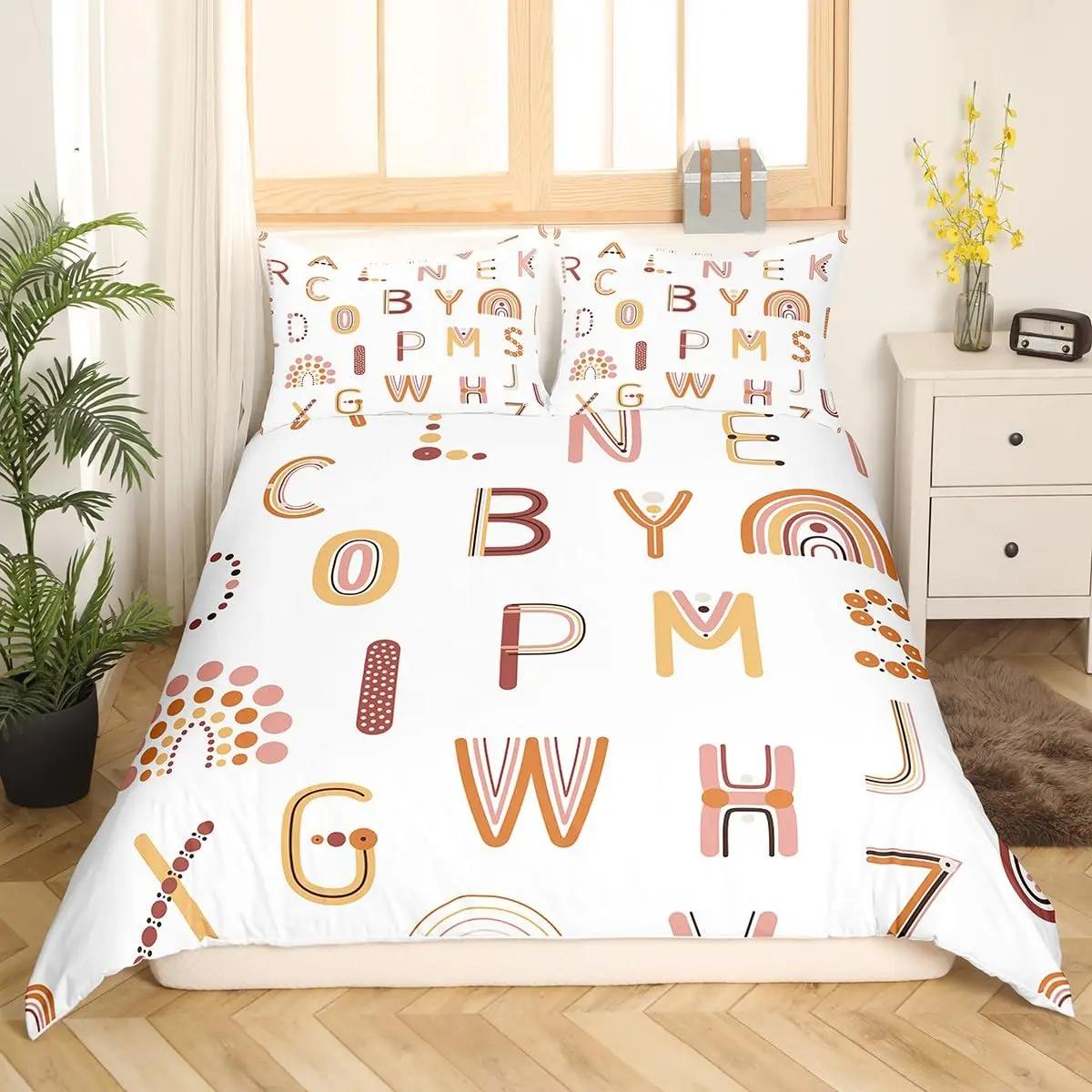 

English Alphabet Soft Duvet Cover Carton Animal Beding Set Early Education Theme Comfortable Quilt Cover Buterfly Bear Der Warm Comforter Cover 120*200cm Single