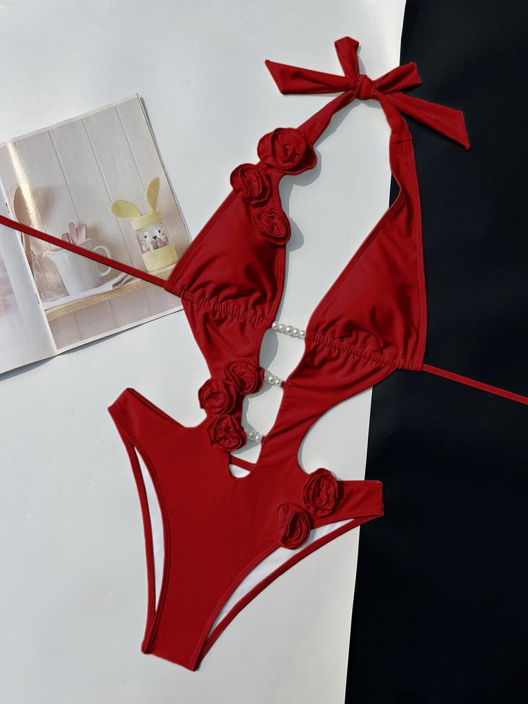 Einfarbiger Bindebikini mit Perlenblumen-Dekoration für Damen