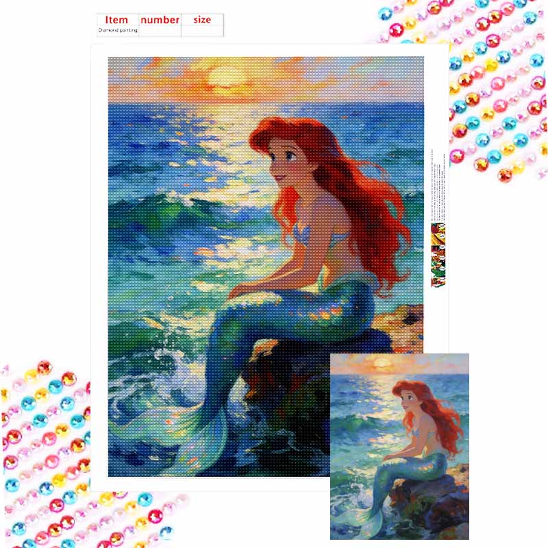 Disney Diamond Painting Kit Ariel 5D DIY Diamond Art Home Bedroom Wall Decor Sparkle Ocean Sunset Dreamy Ariel Round 20x30cm