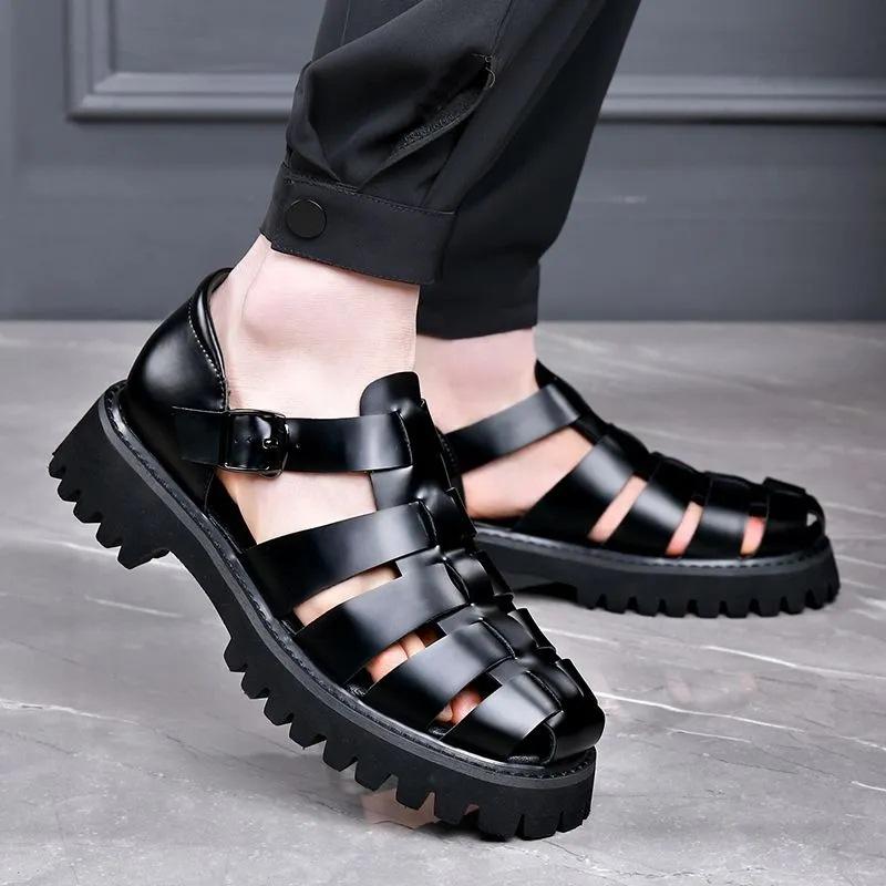 Fashion New Designer Platform Sandals for Men 2025 Summer Buckle Leather Dress Sandal Shoes Man Big Size Black  Sandalias Hombre