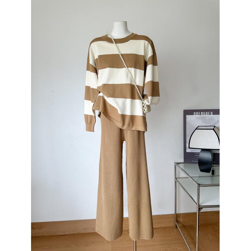 

Осенне-зимний свитер с полосатой вставкой, с круглым вырезом, модный, повседневный, свободный, ленивой вязки, комплект из двух предметов для женщин One Size верблюд