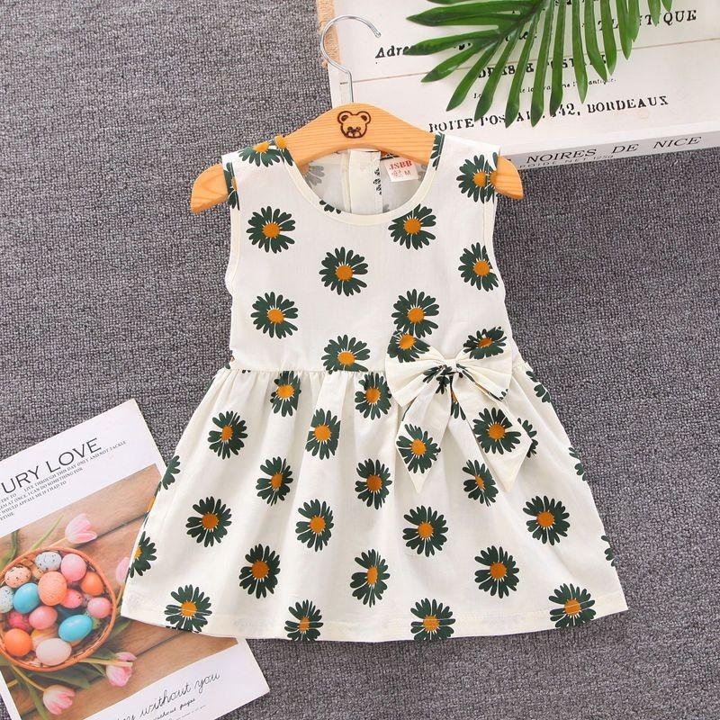 

Stylish Summer Outfit Set For Girls Aged 1 To 4 Years Soft Cotton Short Sleeve Design Dark Green Chrysanthemum Dress,110cm