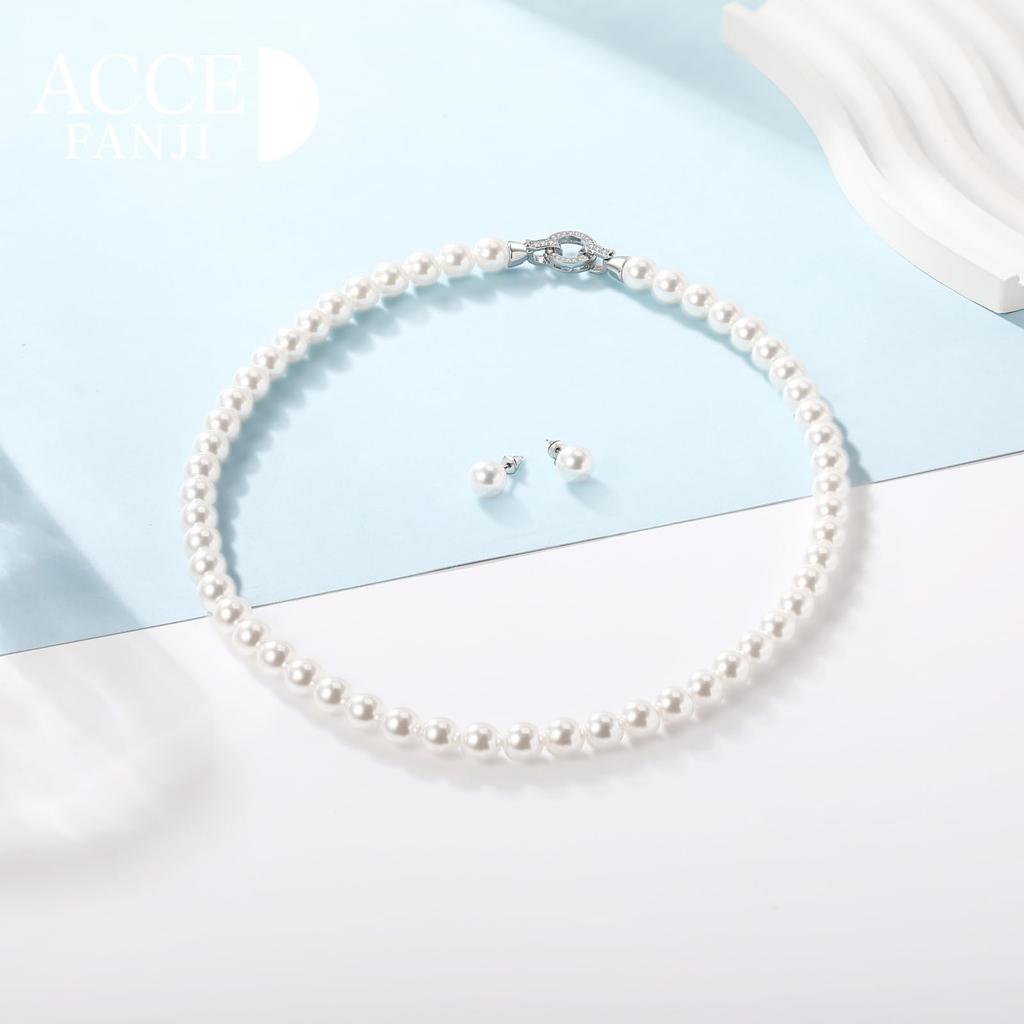 [ACCE FANJI] Pearl Necklace and Earrings, 8mm Pearl, 45cm, S925 Sterling Silver, for Formal Occasions, White, Brand