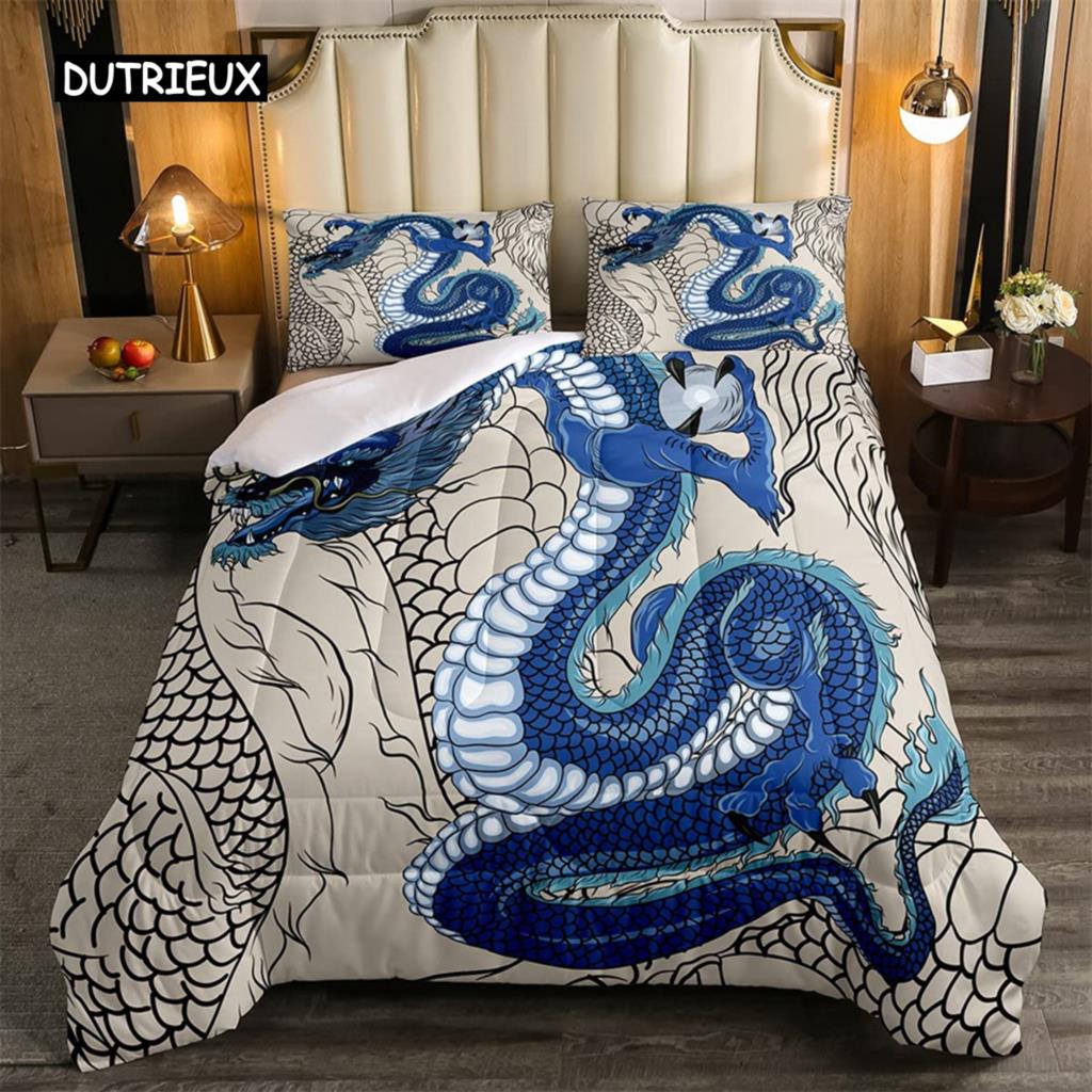Red Flame Dragon Duvet Cover Set Chinese Dragon Culture Fairy Tale Bedding Sets Microfiber For Children Women Men Bedroom Decor