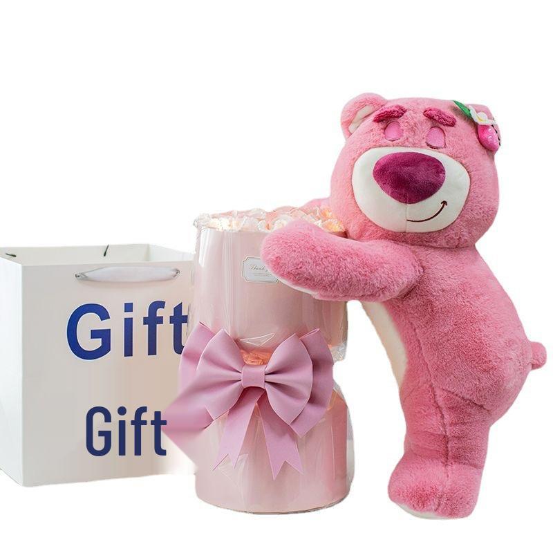 Strawberry Bear Doll & Preserved Rose Bouquet - Soap Flower Gift for Girlfriend