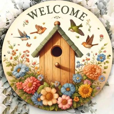 Vintage Floral Bird Welcome Sign Round Aluminum Wall Art Rust Proof For Bar Cafe Home Decor
