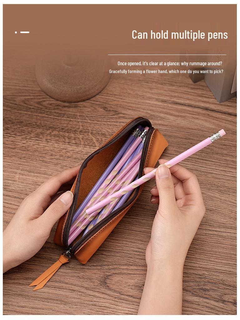 Genuine Leather Multifunctional Pencil Case Stationery Box with Zipper—Portable for Students, Holds 2B Pencils & Glasses