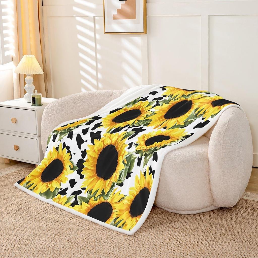 Feelyou Sunflower Fleece Throw Blanket Botanical Floral Plush Blankets and Throws Yellow Sunflower Cows Print Sherpa Blanket for Women Soft